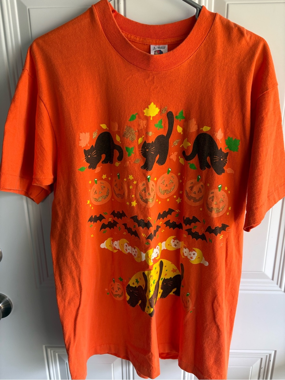 Fruit of the Loom Orange Halloween Tee with Black Cats and Bats